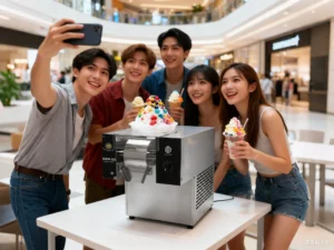 东南亚年轻人和juanming 雪花冰机拍照